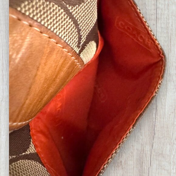 Coach Signature Canvas Leather Trim Bifold Checkbook Wallet Brown Khaki - Picture 5 of 9